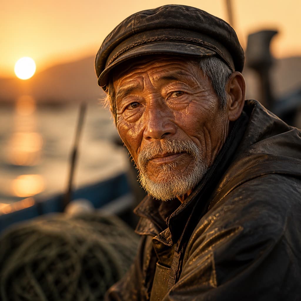AI-generated image: cinematic portrait of an elderly fisherman, weathered face, golden hour, shallow depth of field, 85mm