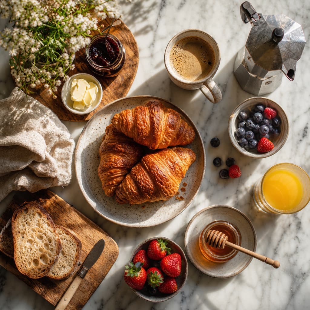 AI-generated image: overhead food photography of a rustic breakfast spread, croissants and coffee, natural light, marble table
