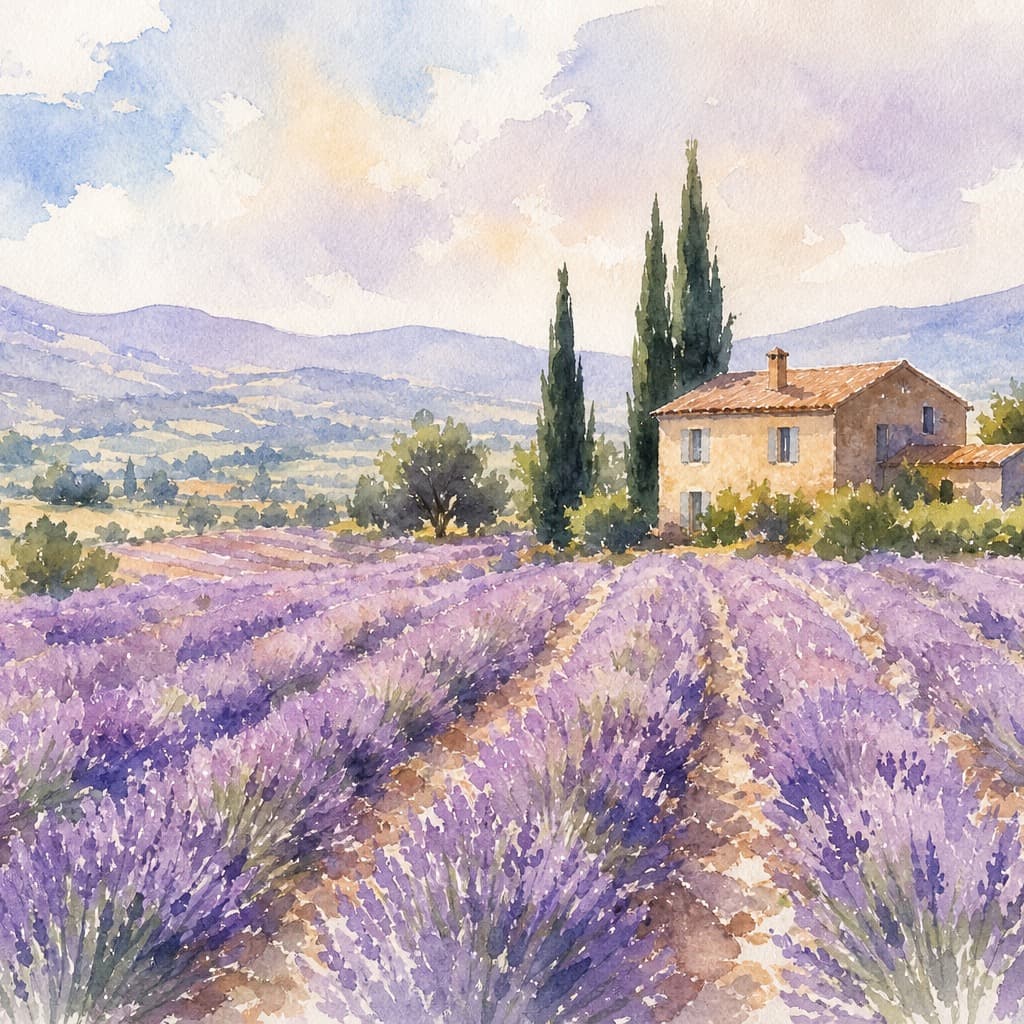 AI-generated image: serene watercolor painting of lavender fields in provence, soft pastel washes, loose brush strokes